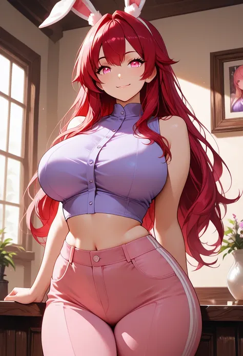 anime style, Masterpiece, best quality, Woman, pretty face, long red hair. pink eyes, bunny hears, purple shirt, sleeveless, exped midriff,  pink pants,  busty, curvy body, thick thighs,  smiling, indoors,