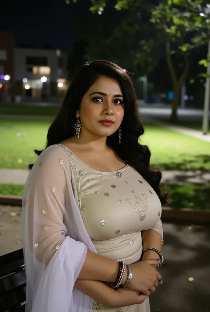 Beautiful fair muslim Pakistani chubby round face, plump body, mature housewife standing in school park at midnight, Darkness, seated on bench, playing with s, wearing half sleeve kurti salwar, white sher scarf pallu, abandoned under-construction slum hous...