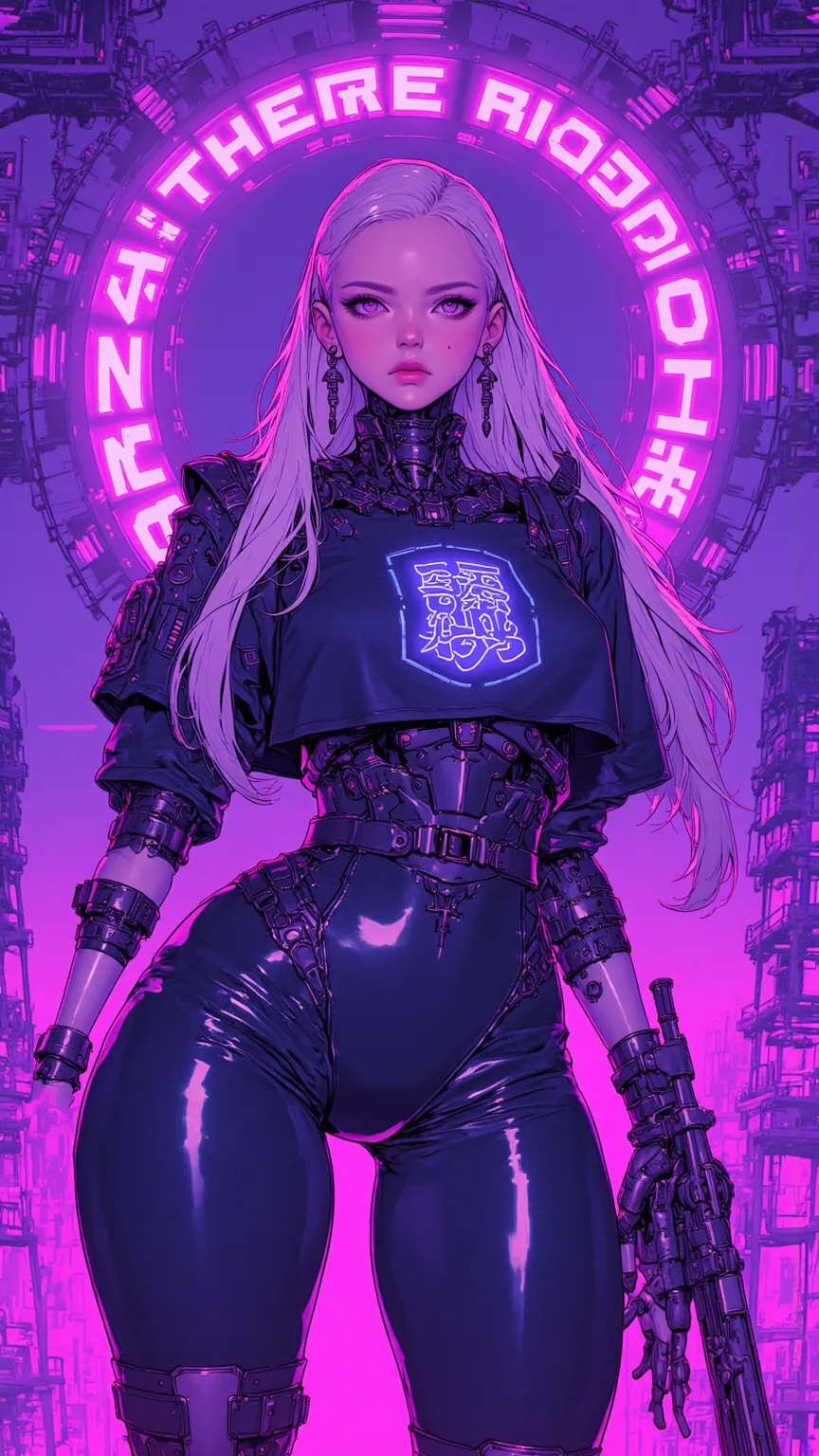 Half Robot Girl Full Body Purple White Gradient Hair Color，Super Fine Face Texture，big eyes，Flowing Long Hair， dynamic pose ，Cyberpunk City，細緻glow耳機， Tech Earrings ，glow髮飾，Long Hair Dye，glow耳環、Luminous Necklace、Mechanical lines、The Most Beautiful Woman of ...