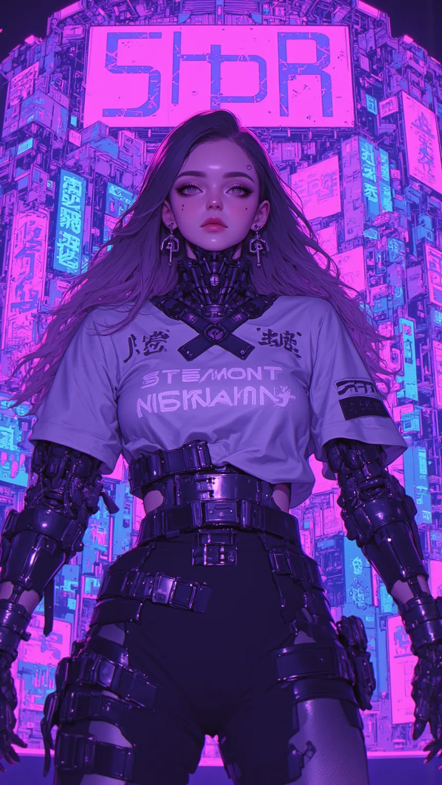 Half Robot Girl Full Body Purple White Gradient Hair Color，Super Fine Face Texture，big eyes，Flowing Long Hair， dynamic pose ，Cyberpunk City，細緻glow耳機， Tech Earrings ，glow髮飾，Long Hair Dye，glow耳環、Luminous Necklace、Mechanical lines、The Most Beautiful Woman of ...