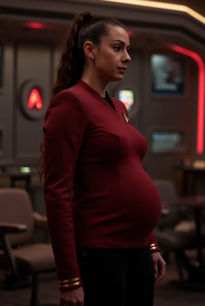 A beautiful youthful looking Xenia Wood as a 40 years old 9-months pregnant woman, huge breasts, with long comple  hair in a high ponytail wearing a star trek star fleet uniform with the rank of captain she is on the bridge of the starship USS Enterprise (...