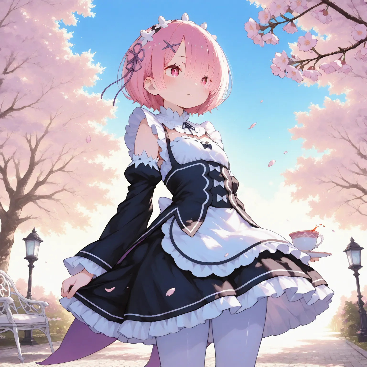 masterpiece, best quality, ultra-detailed,iro_mugen_illu,trk,Cute 1girl\(ram \(re:zero\),pink eyes,a little glaring,facing right,maid dress,white pantyhose,shiny skin,teacup\),(dynamic pose:0.25) ,A soft, pastel-colored spring background filled with bloomi...