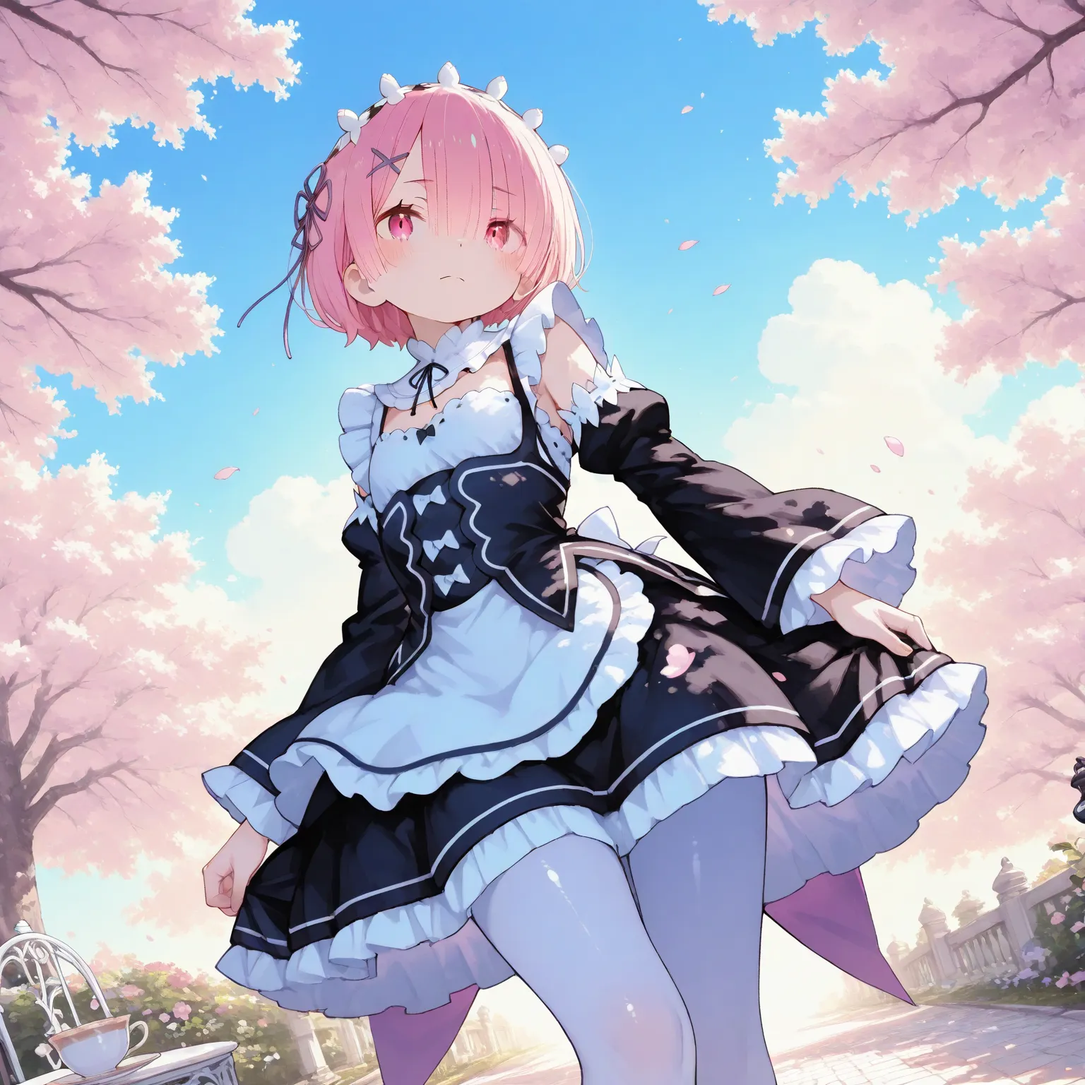 masterpiece, best quality, ultra-detailed,iro_mugen_illu,trk,Cute 1girl\(ram \(re:zero\),pink eyes,a little glaring,facing right,maid dress,white pantyhose,shiny skin,teacup\),(dynamic pose:0.25) ,A soft, pastel-colored spring background filled with bloomi...