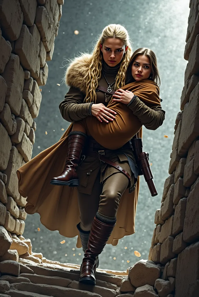 A warrior woman wearing two blonde braids and a fur coat carries a young woman wrapped in a brown cape on her shoulder.. Climb a spiral staircase inside a stone building. 