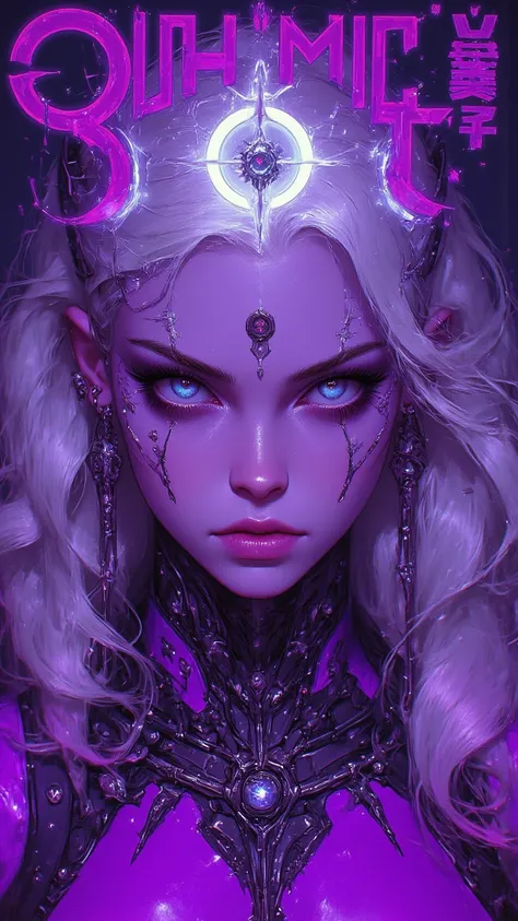 Half Robot Girl Full Body Purple White Gradient Hair Color，Super Fine Face Texture，big eyes，Flowing Long Hair， dynamic pose ，Cyberpunk City，細緻glow耳機， Tech Earrings ，glow髮飾，Long Hair Dye，glow耳環、Luminous Necklace、Mechanical lines、The Most Beautiful Woman of ...