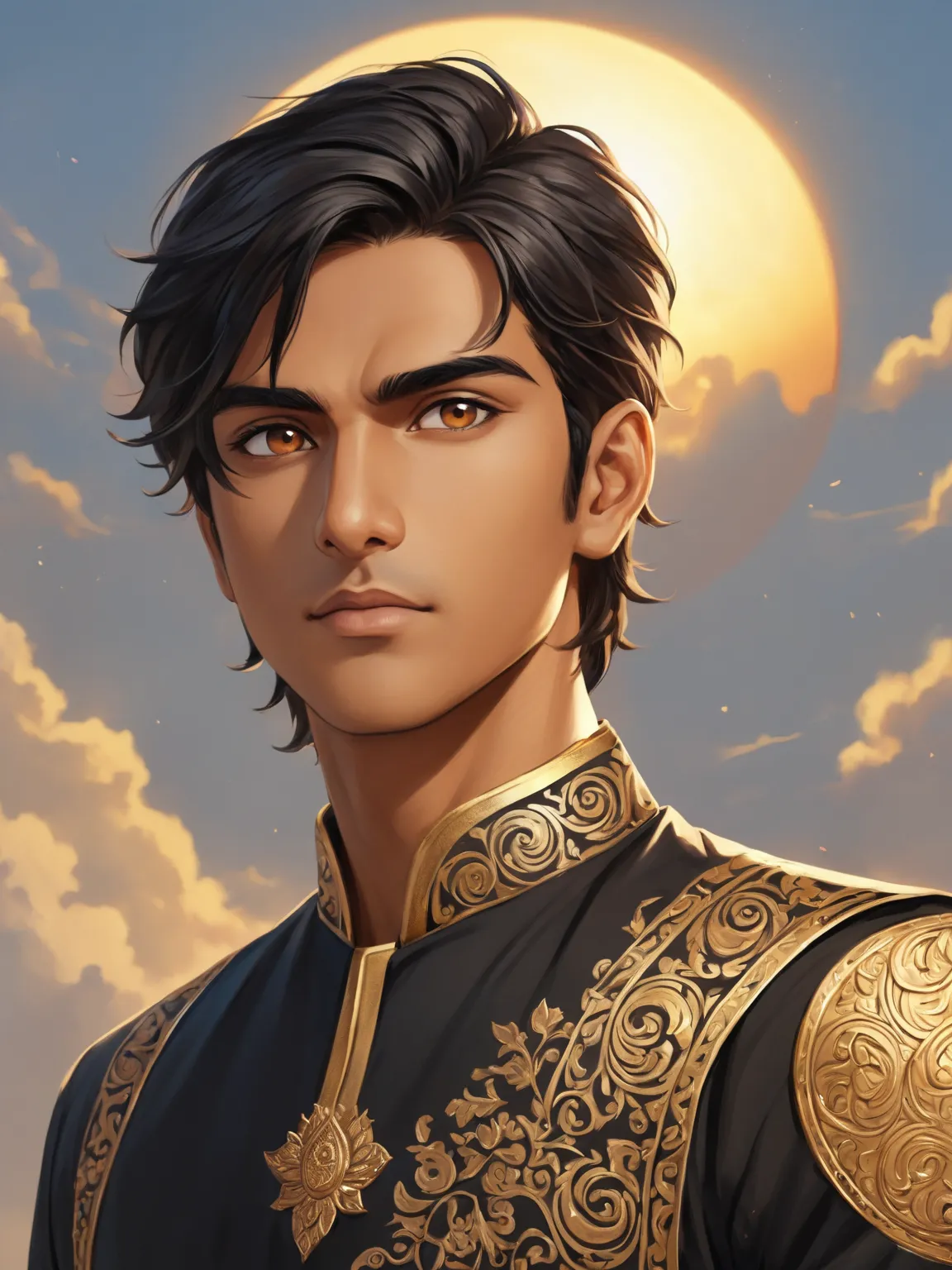 Style Stylized painting. Amit, Amrit's older twin brother, has light brown eyes, short straight black hair and skin tanned by the sun and tempered by martial training, wearing a black Indian kurta with gold carvings and engravings.