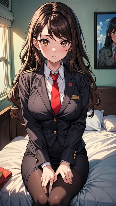 ((masterpiece, best quality:1.3, high detail)), ((1girl)), (((beautiful woman))), (stewardess), bright brown eyes, (long wavy hair), (dark brown hair), hairpin, (white collar shirt vest, red tie, blazer), black pencil (skirt), medium knee skirt, slim body,...