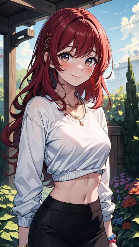 ((masterpiece, best quality:1.3, high detail)), beautiful woman, smile, long wavy hair, (dark red hair), hairpin, bright eyes, light blush, ((white sweatshirt cropped)), (long black midi pencil ((skirt))), midriff, navel, necklace, bracelets, collarbone, o...