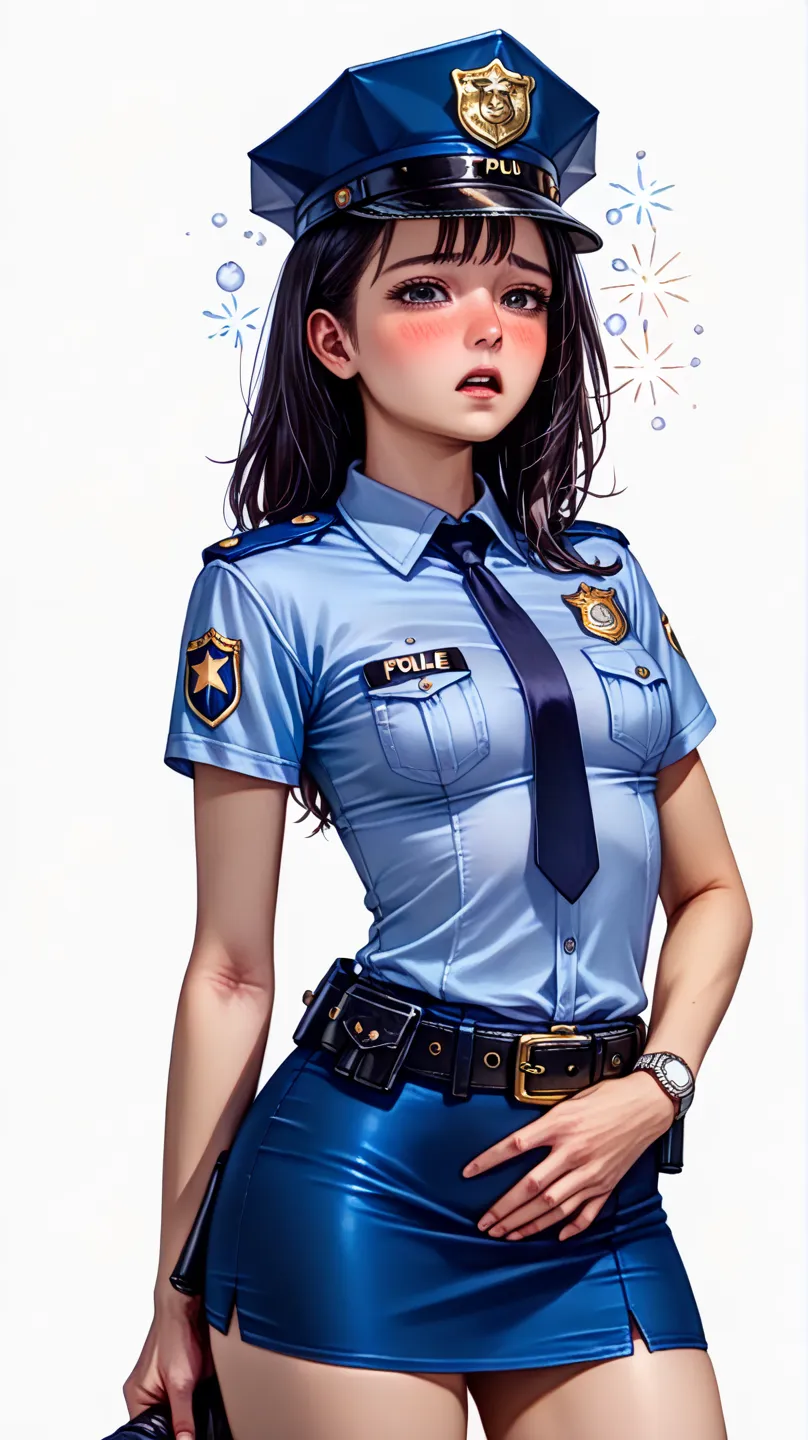 Beautiful Japanese Women from a Purple Perspective,( 1girl :1.5),(slender body:1.3),( empty white background:1.8),( small tits:1.0),(white collared tight short sleeve cowgirl shirt police shirt:1.2),(blue super mini police skirt:1.2),(black leather equippe...