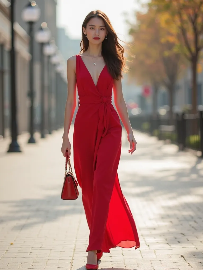 Create an image of a white-skinned girl with a beautiful face, slim body confidently walking in a beautiful red dress on a clean, modern street, carrying a handbag in her hand, graceful and graceful gait, facial features of an Asian woman.