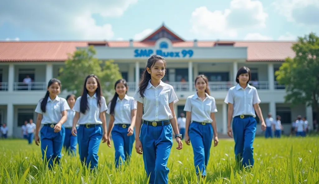 realistic, Indonesian junior high school ren in junior high school uniform, white shirt blue pants, gathered in the field. Seen behind the school building with the words "SMP Buex 99"High Resolution, Best Quality, HD, 