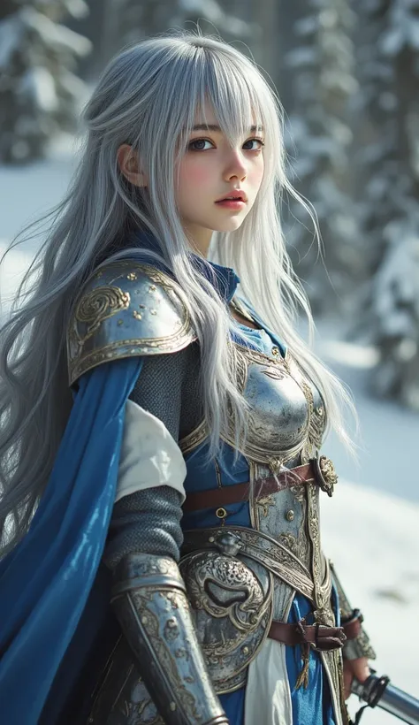 Full body expression 、、Pretty Girl、Western European beauty 、Long silver hair、 , the bangs line up above her eyebrows 、Equipped with a crystal sword 、 Equipped with a crystal shield 、, wearing crystal armor 、 hunched back、highest quality、 masterpiece、Realis...