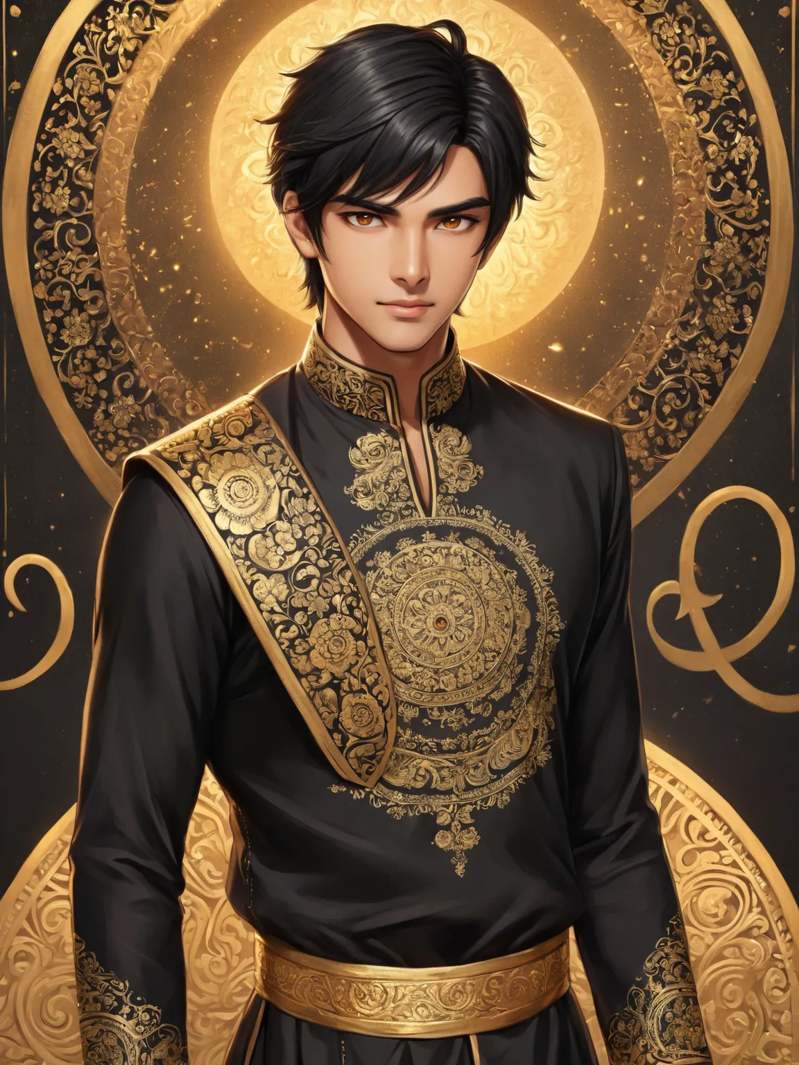 Oriental Painting Style. Amit, Amrit's older twin brother, has light brown eyes, short straight black hair and skin tanned by the sun and tempered by martial training, wearing a black Indian kurta with gold carvings and engravings.