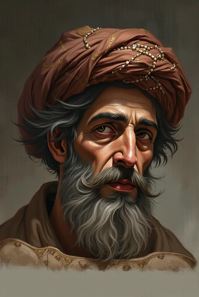 This is Ibn Khaldoun, an Arab scholar. Make this face out of the image in a body. He is sitting on an old-fashioned chair from the Abbasid period