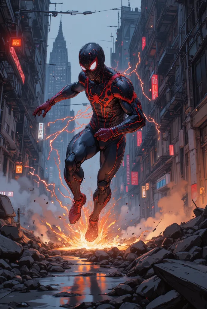 Create an insanely cinematic, side-view shot of Spider-Man running at the speed of light, his body appearing more muscular and powerful than ever. His silhouette dominates the scene, shrouded in darkness, with only faint glowing energy lines tracing his fu...