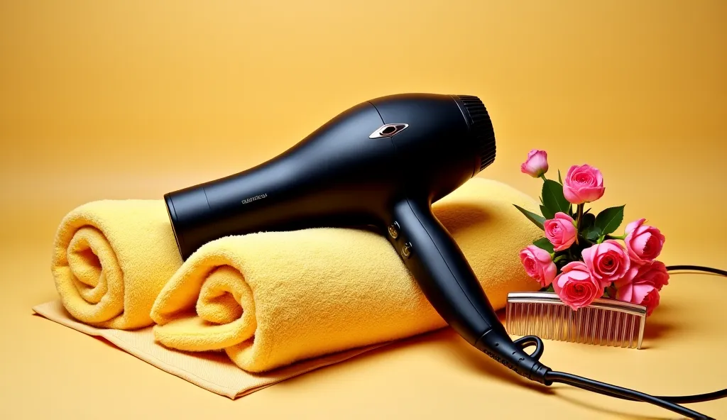 black hairdryer on a soft yellow towel, next to it is a comb and flowers, daytime, ultra hd