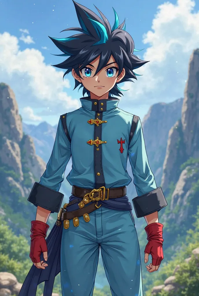 Create Yu-Gi-Oh style a handsome little male boy with short black hair with blue highlights with blue eyes wearing a stylish light blue magic jacket with black belts adorning light blue pants with gold belts adorning with red magic gloves in a mountainous ...