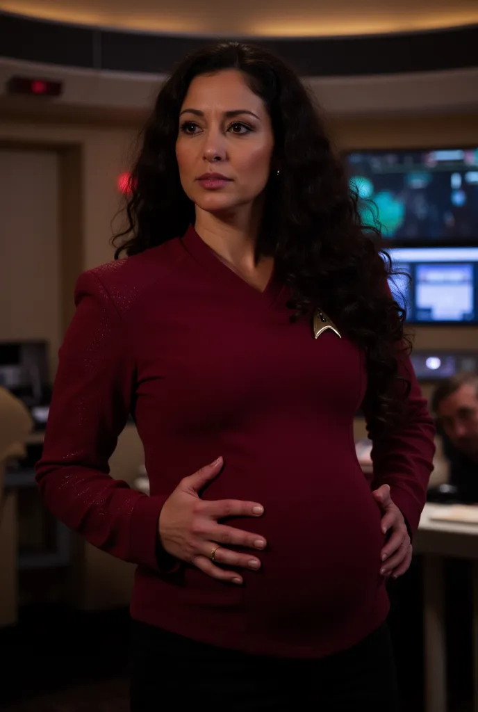 A beautiful youthful looking Ava Addams as a 40 years old 9-months pregnant woman, huge round pregnant belly, very huge saggy breasts, with long comple hair  wearing a star trek star fleet uniform with the rank of captain she is on the bridge of the starsh...