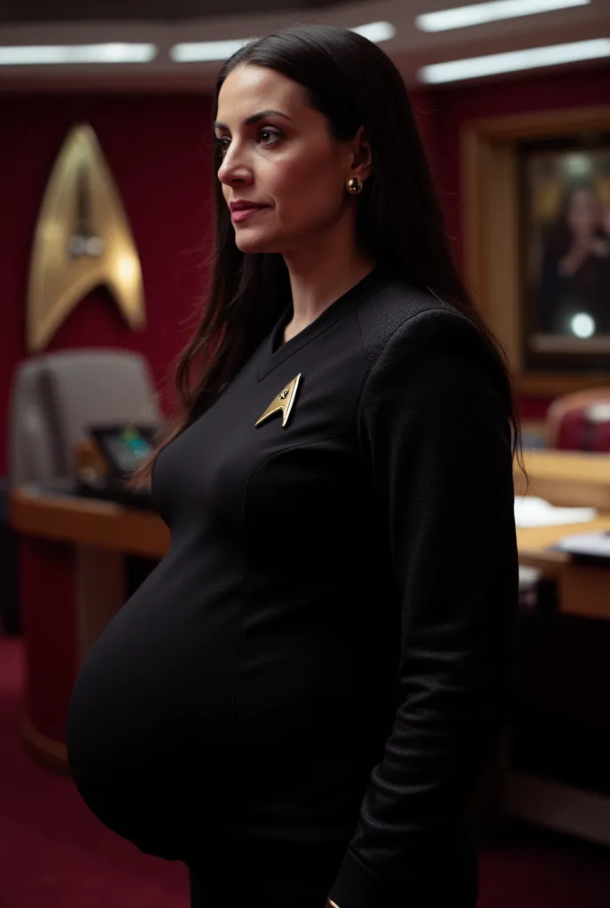 A beautiful youthful looking Ava Addams as a 40 years old 9-months pregnant woman, huge round pregnant belly, very huge saggy breasts, with long comple hair  wearing a star trek star fleet uniform with the rank of captain she is on the bridge of the starsh...