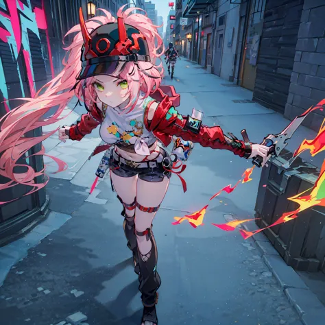 A fierce and stylish female character with a rebellious attitude, standing in a dimly lit urban alleyway at night. The alley is narrow and lined with graffiti-covered walls, neon signs flickering in the distance, and faint puddles reflecting the city light...