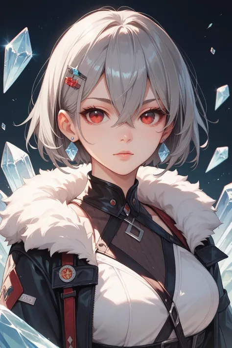 1 woman, cut, bangs between eyes, Gray Hair, crystal earrings, fuzzy expression, cowboy shot,  hairpins,  Proximity Method, anime style, red eyes, 