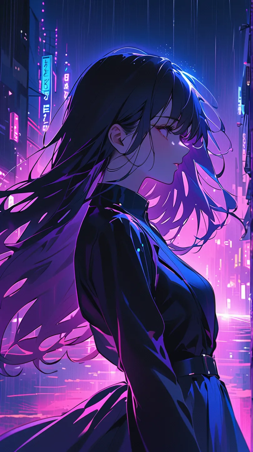 *Artwork with a retro and fantastical 80s atmosphere. **A beautiful woman and a handsome young man stand side by side against the backdrop of a neon-lit night city. The woman has long hair blowing in the wind, wearing a sexy and elegant dress, and stares i...