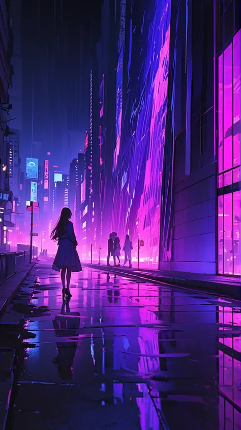 *Artwork with a retro and fantastical 80s atmosphere. **A beautiful woman and a handsome young man stand side by side against the backdrop of a neon-lit night city. The woman has long hair blowing in the wind, wearing a sexy and elegant dress, and stares i...