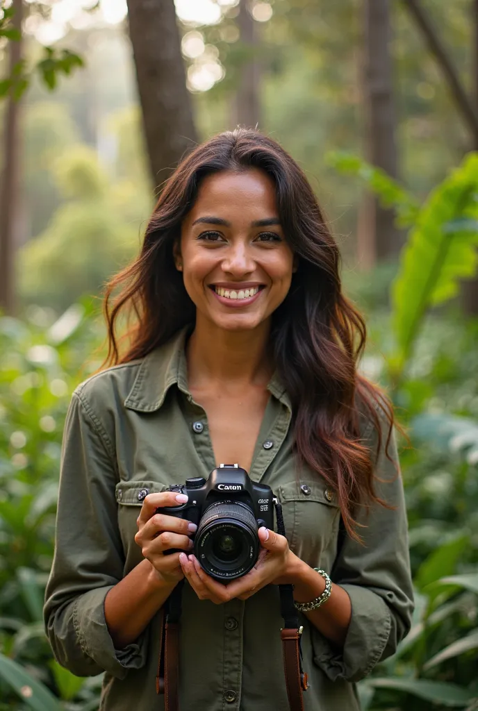  A beautiful woman with Latin features , happy because she is a professional photographer and she holds a professional Canon camera in her hands and is in a beautiful natural environment