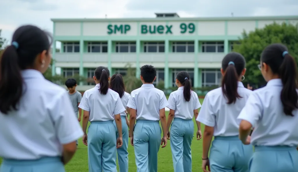 realistic, Indonesian junior high school ren in junior high school uniform, white shirt light blue pants gathered in a field. Seen behind the school building with the words "SMP Buex 99"High Resolution, Best Quality, HD, 