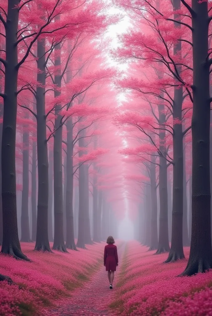 Generate an image with folklore of Taylor swift and Thank u, next by Ariana Grande vibes and inspiration, do not put a human being. I want a forest with pink weather

Colour vibes should be grey and pink

Ensure to label in the centre

folklore in IM fell ...