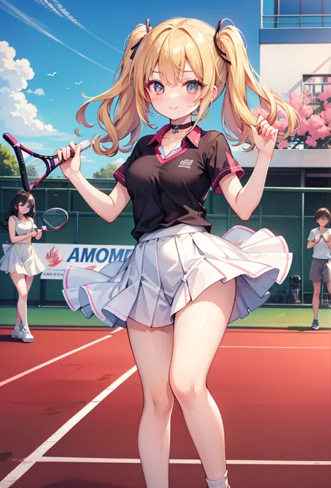     Top Quality    ,     more details , 【【【【【FHD,     High Resolution, woman,    。20歳のwoman、and stare at the audience,smile、   is embarrassing ,    blondes, semi-long、   mature、    open your eyes     ,  eye color: pink、   big eyes,   idol、tennis wear、Visib...