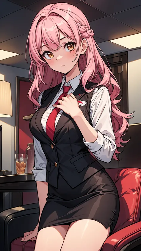 ((masterpiece, best quality:1.3, high detail)), ((1girl)), (((beautiful woman))), (stewardess), bright brown eyes, (long wavy hair), (pink hair), hairpin, (white collar shirt vest, red tie, blazer), black pencil (skirt), medium knee skirt, slim body, hotel...