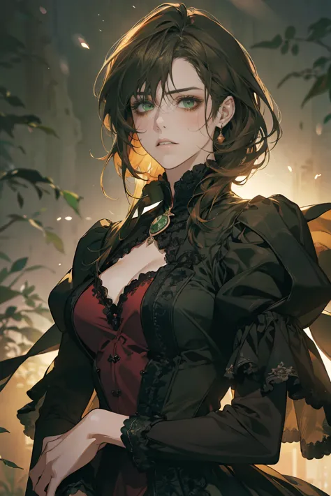 (the best quality,posture high resolution),(Realistic:1.37),(vivid colors:1.1),(HDR:1.1),( portrait),(straight dark green hair),(black and sad eyes),(red dress),(costume clothes),precise human body structure, dream garden background ,soft lighting