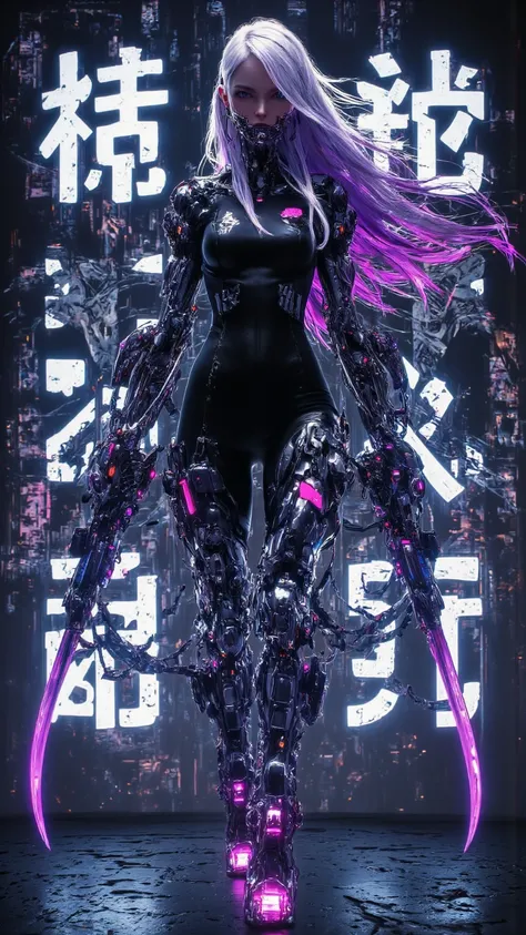 Half Robot Girl Full Body Purple White Gradient Hair Color，Super Fine Face Texture，big eyes，Flowing Long Hair， dynamic pose ，Cyberpunk City，細緻glow耳機， Tech Earrings ，glow髮飾，Long Hair Dye，glow耳環、Luminous Necklace、Mechanical lines、The Most Beautiful Woman of ...