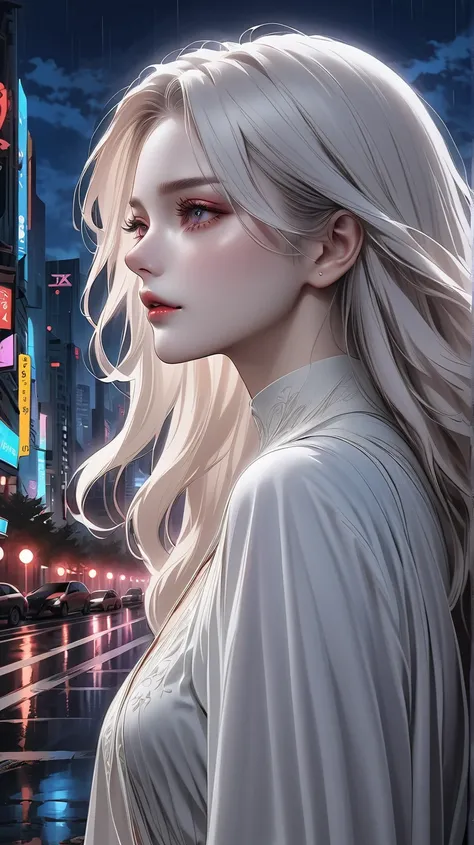 *Artwork with a retro and fantastical 80s atmosphere. **A beautiful woman and a handsome young man stand side by side against the backdrop of a neon-lit night city. The woman has long hair blowing in the wind, wearing a sexy and elegant dress, and stares i...