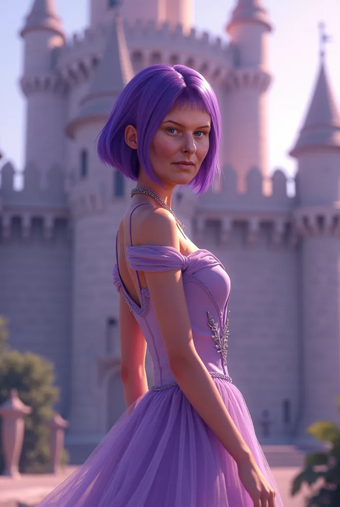 Beautiful queen short hair with purple highlights plain light purple dress on the front Castelo Roxo 