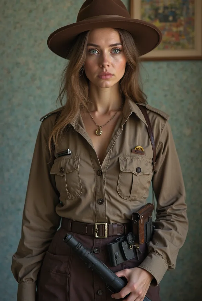 Communist-era Poland, beautiful girl policewoman wearing hat, brown pot,Wearing a brown pot hat, White skin,Blue eyes ,Label the chest on the left, wear a long sleeve collar shirt. Brown,,, opens wide navel ,Six pack,, Low Waist Belt ,,, , long gun mobile ...