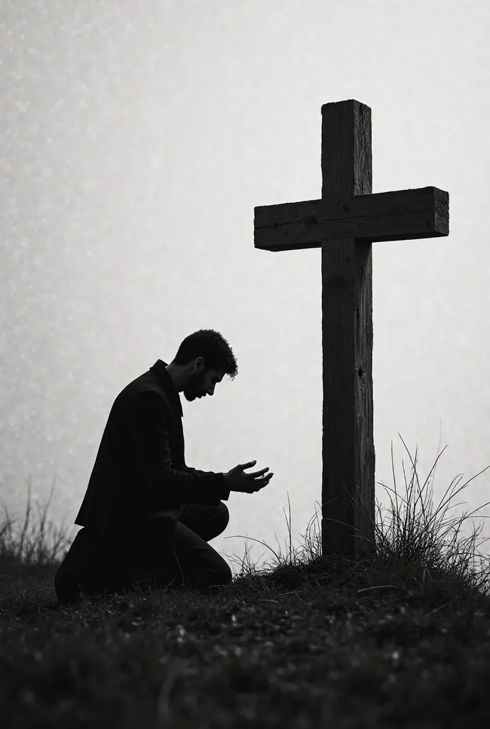 Image of a man (black shadow) hands open kneeling down infront of wooden cross without christ black and white background classy