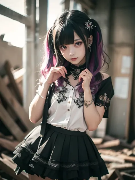 girls, 一人のgirls,colorful hair to hold a finger, inner color,  MIDDLE HAIR, Gothic Lolita, Slender, in the ruins, ruffle skirt, Short sleeve, Y shirt,  shirt with visible chest , Gesture to stop the button , hair hanging over shoulders,  expressive hair , b...