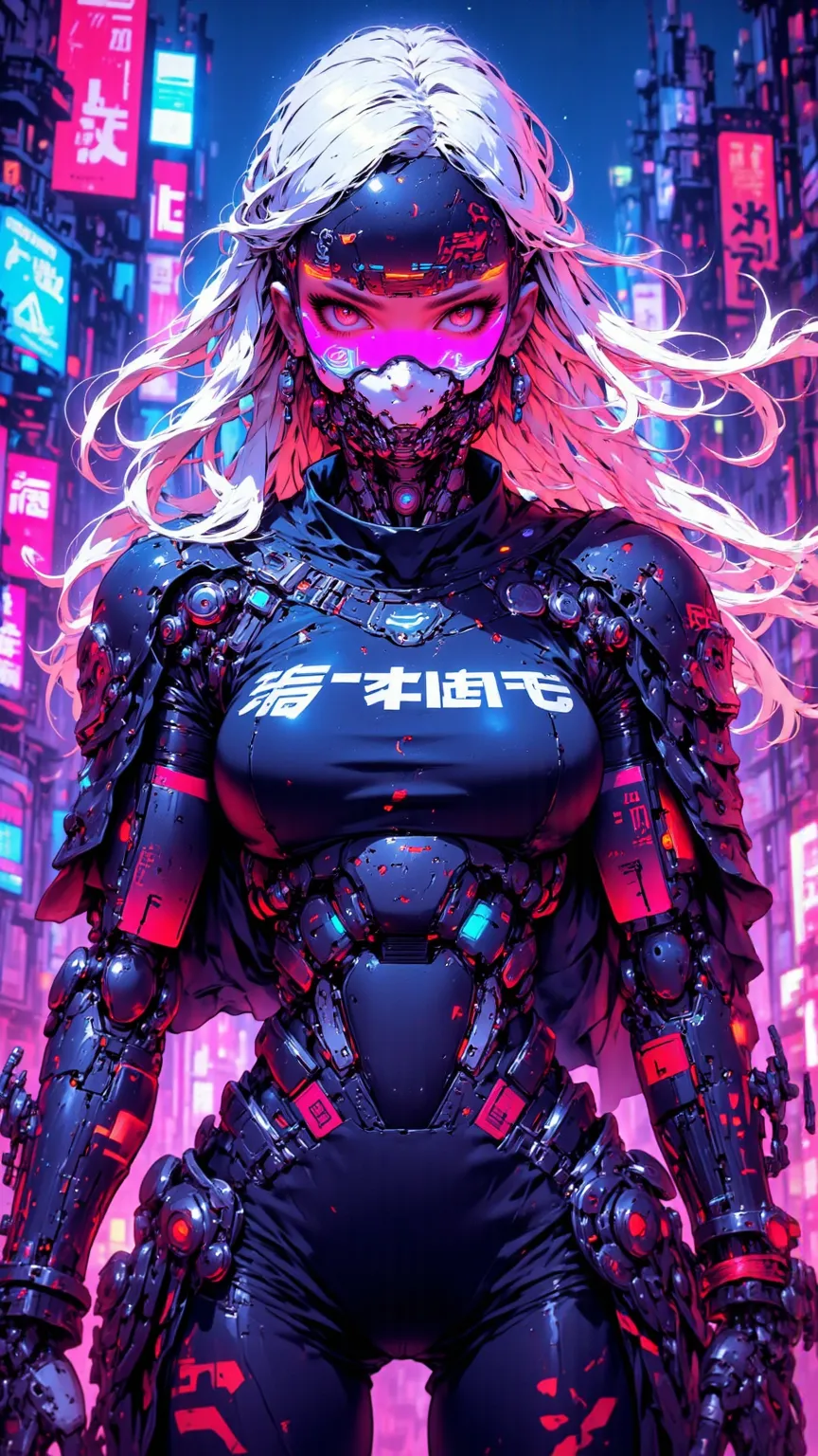 Half Robot Girl Full Body Purple White Gradient Hair Color，Super Fine Face Texture，big eyes，Flowing Long Hair， dynamic pose ，Cyberpunk City，細緻glow耳機， Tech Earrings ，glow髮飾，Long Hair Dye，glow耳環、Luminous Necklace、Mechanical lines、The Most Beautiful Woman of ...