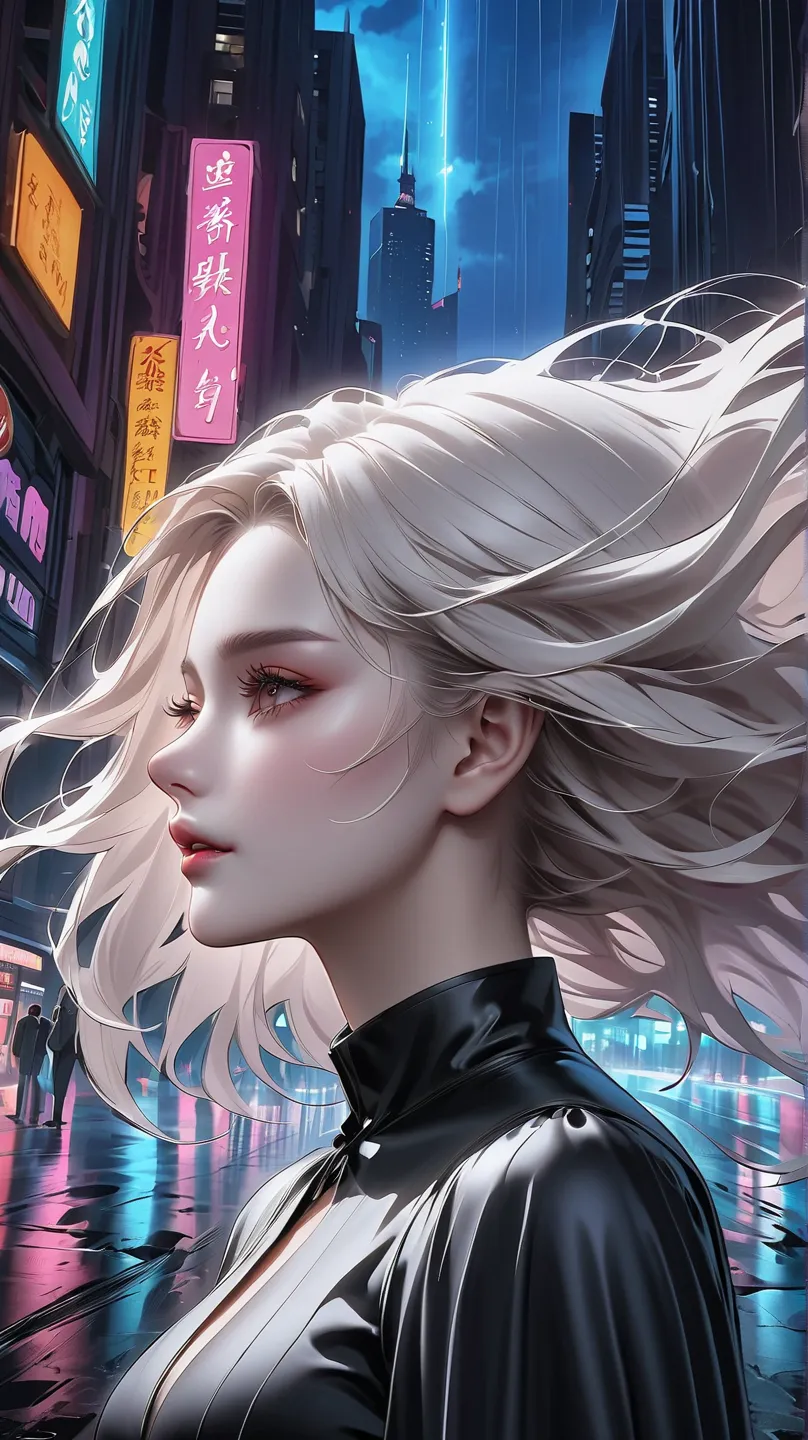 *Artwork with a retro and fantastical 80s atmosphere. **A beautiful woman and a handsome young man stand side by side against the backdrop of a neon-lit night city. The woman has long hair blowing in the wind, wearing a sexy and elegant dress, and stares i...