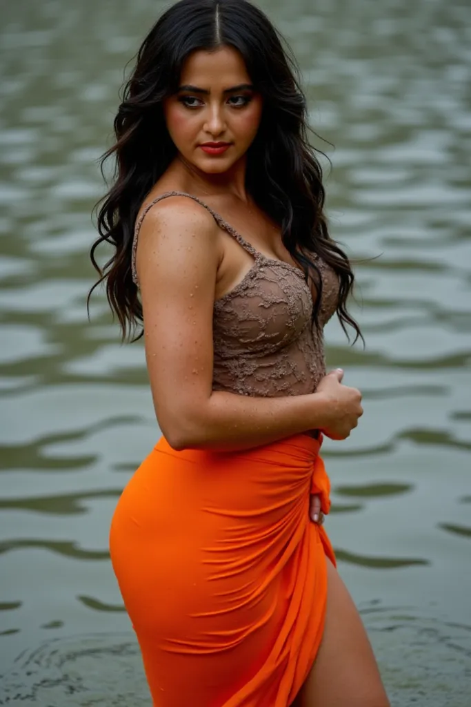 *"A stunning Indian woman with a curvy hourglass figure, dressed in a wet brown lace blouse and an orange petticoat. The saree has completely dropped, leaving her without it. Her drenched blouse clings to her upper body, highlighting her curves, while the ...