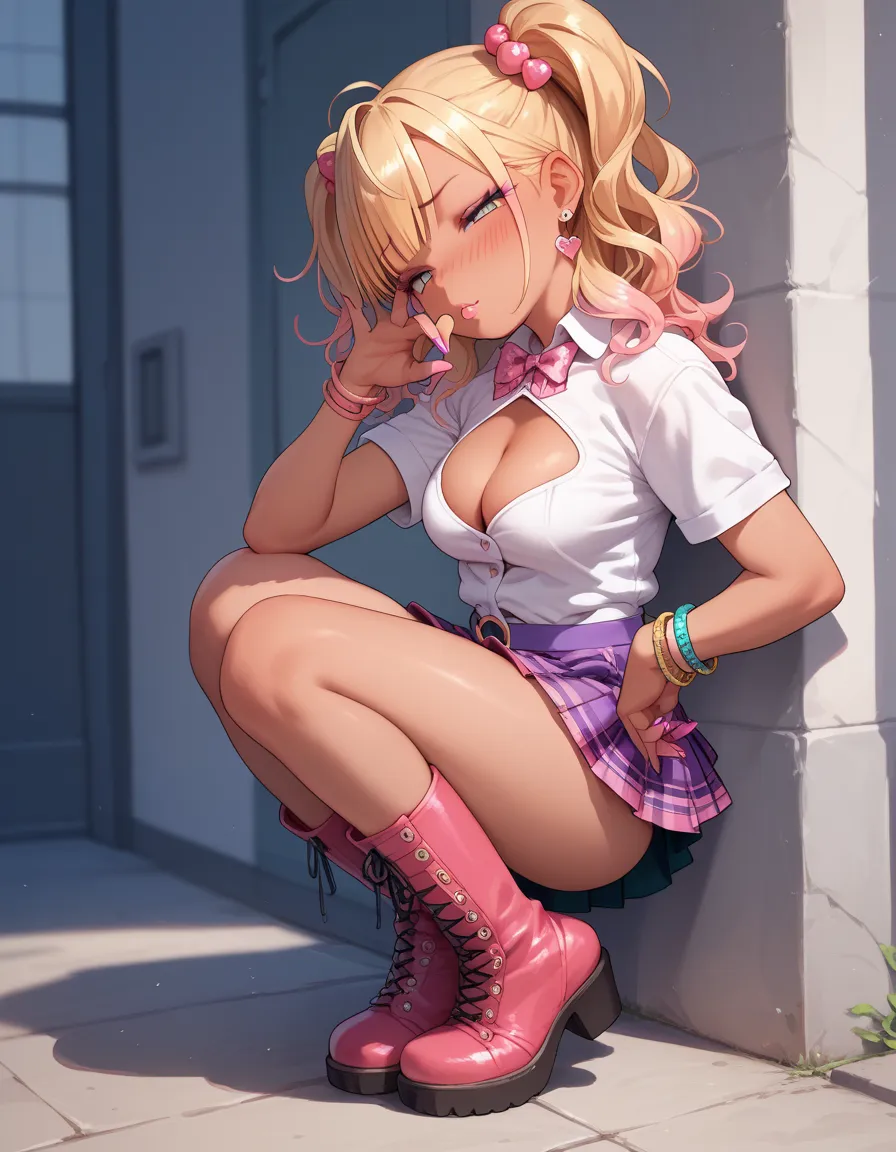 1girl, gyaru,medium breasts,idol costume,cleavage cutout,skirt,boots,loli,half closed eyes,looking viewer,blush,