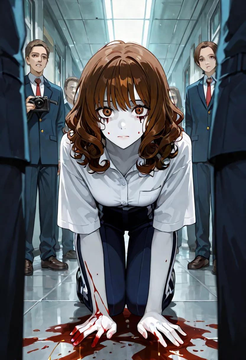 1 girl with medium curly hair, brown hair, The scene behind it is in front of a school with zombies, uniform with white shirts, dark blue pants with white stripes, 1 straight shoulder-length hair , Brown hair color, dark brown eyes and white skin, honey-co...