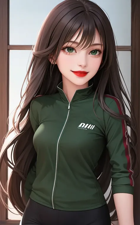 woman , long hair brown, normal, dark, she is solo, from alternative world ,best quality, realistic, cycling (full dark green color) suit and cycling sports black shorts, she is stand , smile, red lipstick , 