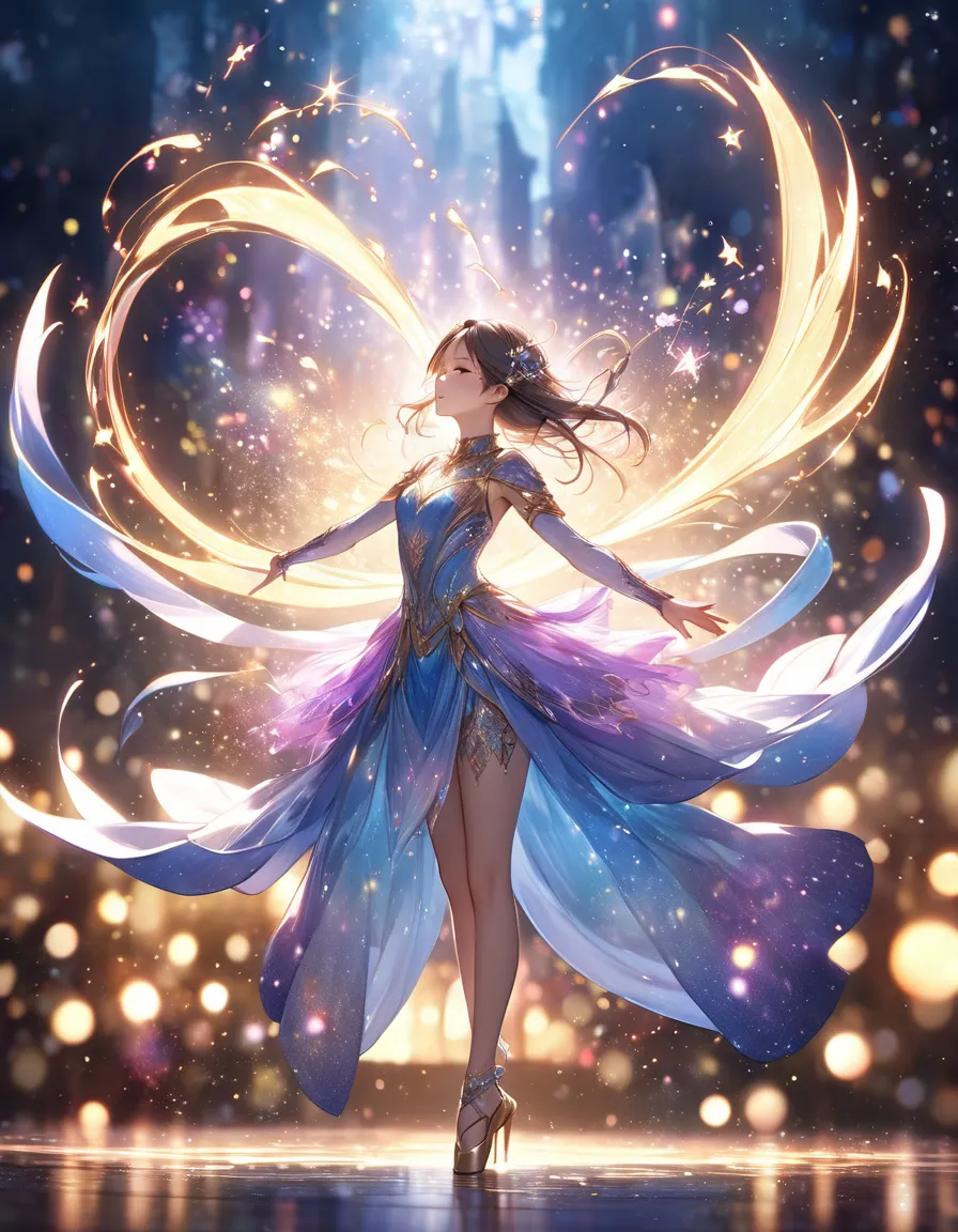 Magical Dancer,woman,Light,fantastic scenery,リアルなLight効果,Detailed Magical Spells,4K Digital Paintings,Bokeh background, delicate skin texture ,Graceful Standing Position,Magical Particles Fly Through the Air,Soul-Shaking Expression,Fantastic Outfit Designs...