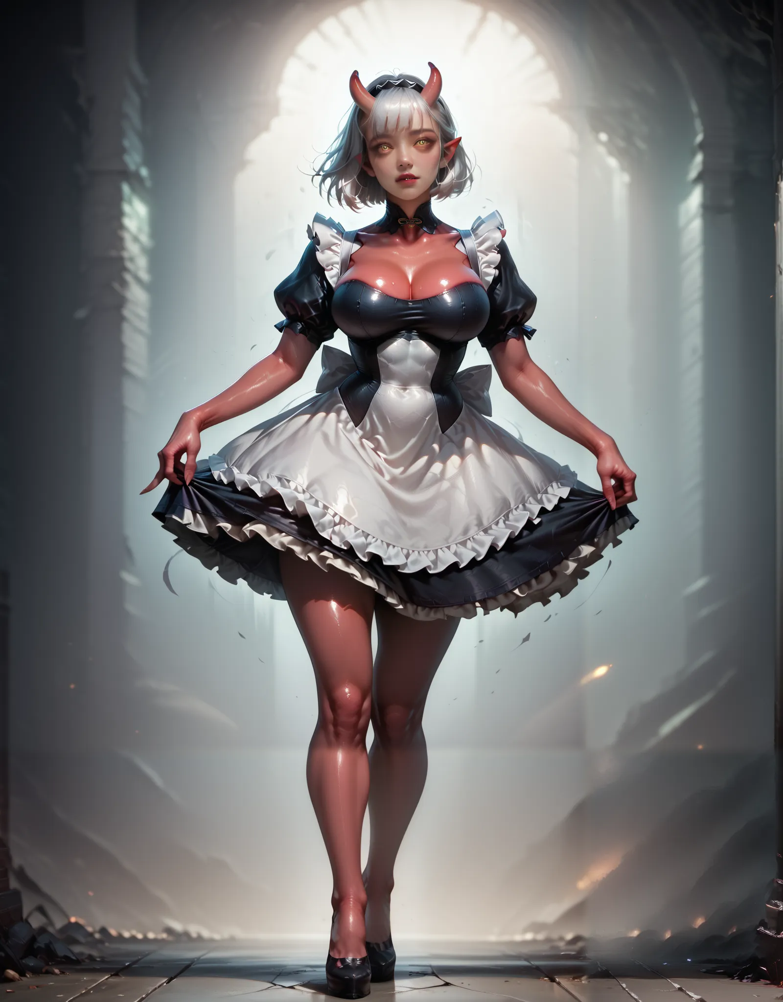  beautiful Asian woman , succubus , full body, Wings ,18 years old ,character with long white blond hair, long white hair, sharp elf-like ears, oni horns, maid dress,shiny skin, large breasts, beautiful detailed eyes, sexy pose, solo, Realistic anatomy, hi...