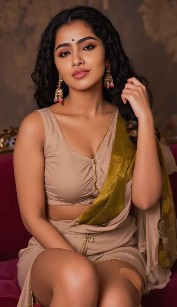  Saree, A stunning woman with a confident, sultry expression poses on a luxurious velvet couch. She wears a form-fitting silk dress with a thigh-high slit, accentuating her curves. Her long, wavy hair cascades over her shoulders, and her smoky eye makeup e...