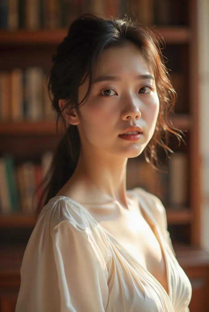 "A Malaysian Chinese woman, late 20s, round face with soft eyebrows, straight nose bridge, slightly plump figure, wearing a white silk dress, gentle aura, standing in a library with sunlight, warm tone, realistic style, 8k resolution"  