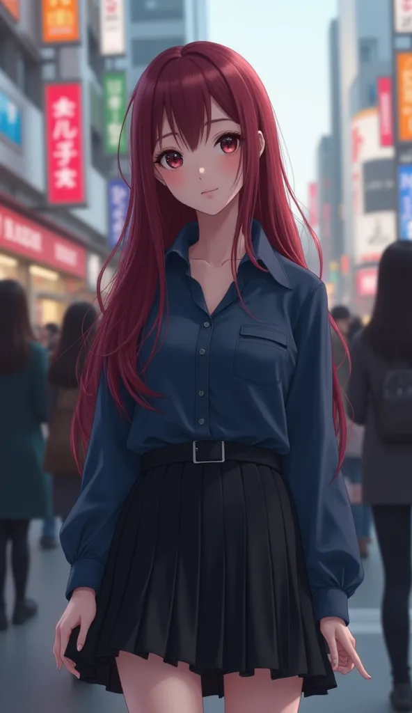 masterpiece、very detailed、Highest quality、 photos、realistic、 1 female、A dark blue shirt and a black miniskirt、 facial details 、very long hair、 maroon hair、beautiful eyes、 in a crowd、I'm standing near the Shibuya station intersection。